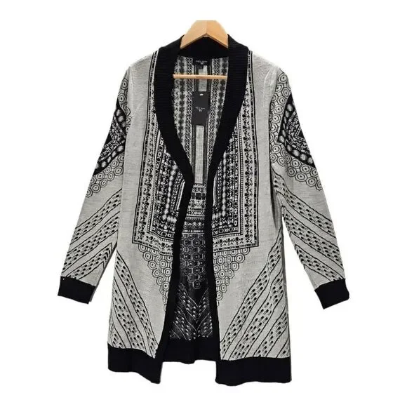 Colour Works Long Sleeve Duster Cardigan Sweater Cream Black Large - Picture 2 of 8